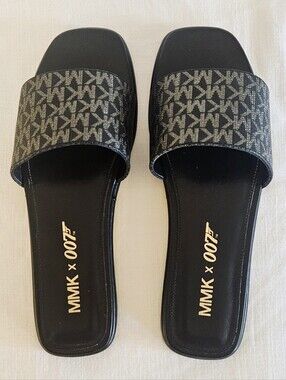 Michael Kors Black Logo Slide Sandals with Monogram Strap Limites 007 Edition